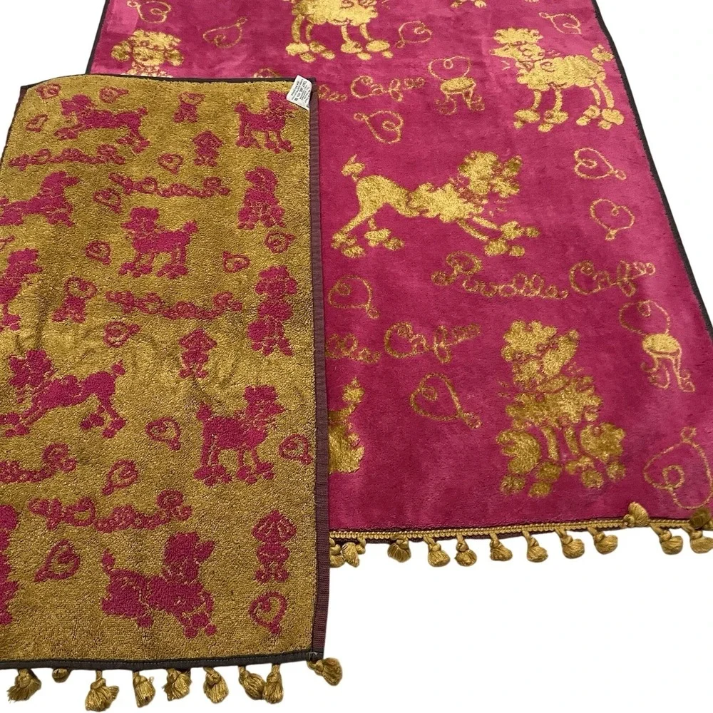 Kitschy Poodle Cafe Towel Set Pink Gold Besana Italian Bath & Hand Pom Poms Glam